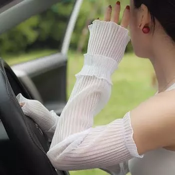 Summer Sun Protection Oversleeves for Women Long Oversleeves Lace Gloves Thin Ice Sleeve Summer Mesh Driving Oversleeves Arm Protector Romantic Yarn Pleat White One size