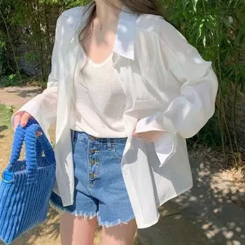 Summer Sun Protection Shirts Women Simple Solid Thin Blouse Woman Baggy Beach Sun-proof Shirt XXL белый