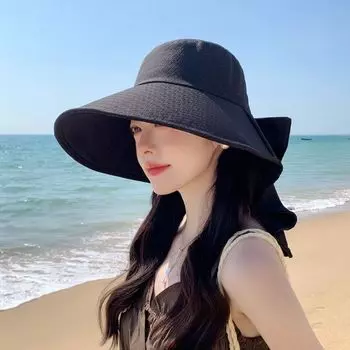 Summer Sun Protection Sun Hat Fashionable All-Match Large Brim Shawl Bow Fisherman Hat Outdoor Cycling Hiking Sun Hat 8759-Twilight Black [Shawl Neck Pad]]