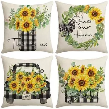 Summer Sunflower Print Pillow Cover Linen Home Fabric Sofa Cushion Set Bedroom Pillow 45*45cm JYM306-1