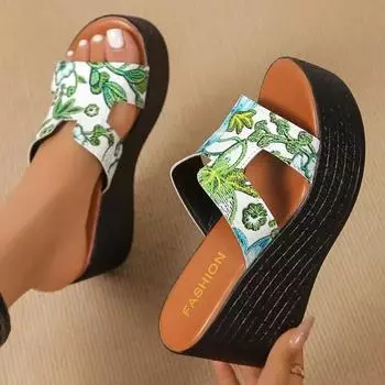 Summer Super High Heel Women Slippers Open Toe Printed Sandals Beach Fashion Wedge Slippers Women Casual Large Size Shoes Women 34 белый