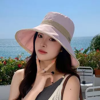 Summer Surrounding All-Matching Sun Hat Children Cloth Product Patchwork Bow Fisherman Hat Outdoor Fashion Big Brim Sun Protection Hat 8839-Sakura Powder