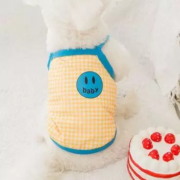 Summer Suspenders Dog Clothes Cute Smile Plaid Dog Vest Pet T-Shirt Chihuahua Pug Bichon 2025 Puppy Apparel Girls Dog Shirt S розовый