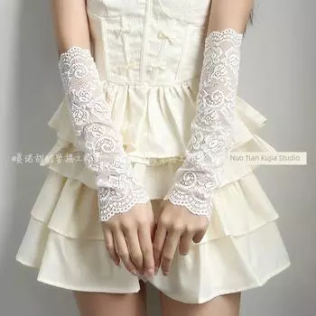 Summer Sweet Desire Style Gyaru Lace Gloves Sun Protection Oversleeve Cosplay Wear Summer Sexy Fake Sleeve Arm Sleeve White All yards