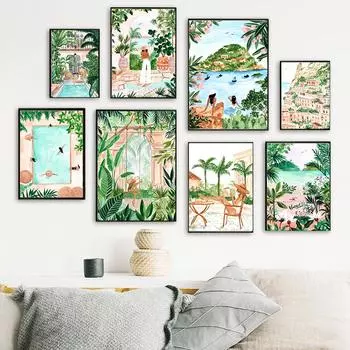 Summer Swimming Pool Party Wall Art Print Tropical Plant Travel Picture Spa Girl Canvas Painting Nodic Poster Living Room Decor 21x30cm No Framed