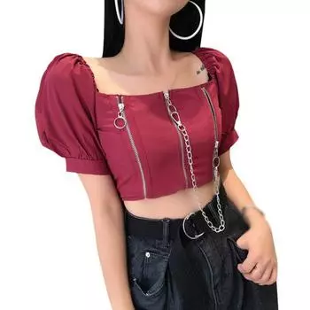 Summer T-Shirt Women s Square-Neck Tooling Zipper Top Exposed Navel Sexy Slim Short Sleeves Top Pulloverco