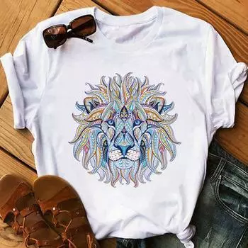 Summer T-shirt Women Ulzzang Streetwear Cartoon Lion Print T Shirt Short-sleeved T-shirt S