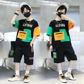 Summer Teenager Boys Clothes Casual Outfit Kids Tracksuit Child t shirt + shorts hot pant 4 5 6 7 8 9 10 12 11 13 14 Year 160 чёрный