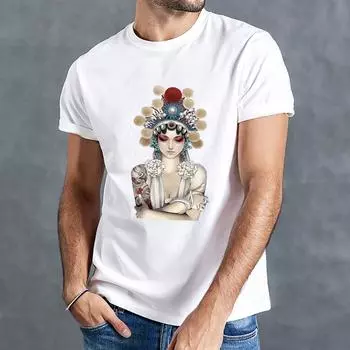 Summer Tees Chinese Ethnic Drama Print cotton T Shirt Woman Beijing Peking Opera T-shirt Man Oriental Retro Loose Tops S белый