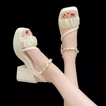 Summer Thick Bottom One Strap Sandals Women High Heel Chunky Fashion Sandals Women Fashion Women Summer Shoes Breathable for Hot Weather 36