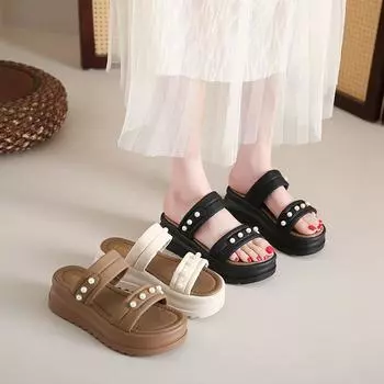 Summer Thick Bottom Slippers Female Outside Wear Double Strap Exposed Toe One Word Drag Pearl Casual Beach Sandals Slippers Female Fashion Shoes 35