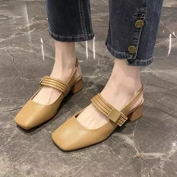 Summer Thick Heel New Baotou Sandals Women s Mary Jane Shoes 2024 Square Toe Low Heel Fashion Lolita Shoes Sexy Pumps Casual 35 абрикосовый