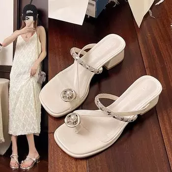 Summer Thick Heel Set Toe Sandals Slippers Female Rhinestone Heel Round Temperament In Heel Fairy with Skirt Slippers Fashion Women Breathable Shoes 35