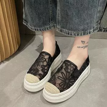 Летние туфли для рыбалки на толстой подошве, повседневные сетчатые дышащие плоские туфли, закрытые мокасины с каблуком 7 см 35 чёрный