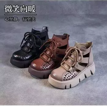 Summer thick-soled wedge heel hollow bag head cool boots high heel fashion Roman hole hollow high-top women s shoes mother cool boots 35 чёрный