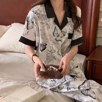 Летний тонкий кардиган с коротким рукавом, длинные брюки, кардиган, эстетичный дизайн, повседневный свободный комплект для дома, пижама, женская, новая M