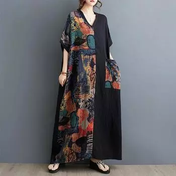 Summer Thin Cotton and Linen Printed V-neck Dress Women s Contrast Stitching Long Skirt One size