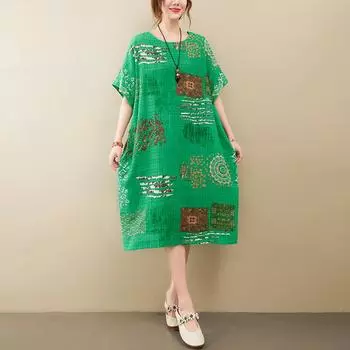 Summer Thin Cotton Linen Artistic Retro Loose Short Sleeved Knee High Dress for Women one size жёлтый