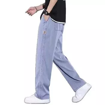 Summer Thin Drooping Tennis Jeans Men s Loose Straight Wide-leg Tennis Casual Trousers Men s Solid Color M синий
