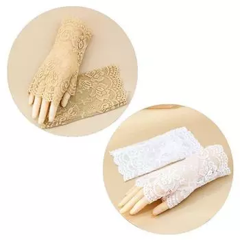 Summer Thin Half Finger Gloves Women Open Finger Lace Mesh Finger Leakage Gloves Outdoor Cycling Sun Protection Hand Guard Breathable Half finger skin color + White (2 pairs) One size
