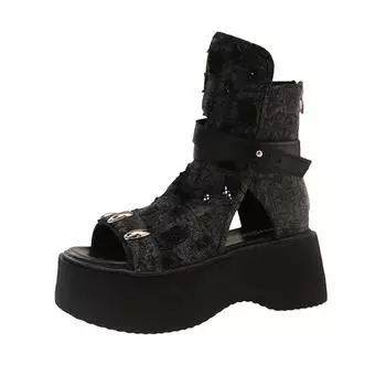 Summer thin high-top sandals fashion toe muffin denim ripped summer Martin boots leaking mesh short boots women 35