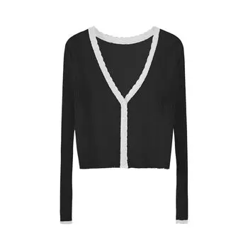 Summer Thin Ice Silk Knitted Cardigan Women s Short Contrast Color Long Sleeves Outer Match Shawl Small Sun Protection Top Outwear Black M