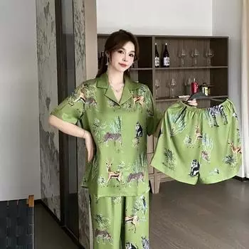 Летняя тонкая шелковая пижама для женщин, высококачественные зеленые брюки с короткими рукавами, домашняя одежда из трех предметов M