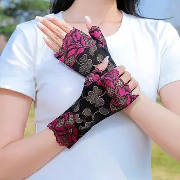 Summer Thin Lace Sun Protection Gloves Women Half Finger Elastic Mesh UV Protection Driving Cycling Sailor Dance Etiquette Rose red half finger 2 pairs All yards