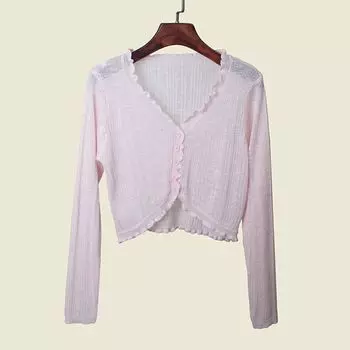 Summer Thin Long sleeve Sun Protection Shirt Wooden Ear Sexy Short Navel Viscose Linen Sneaky Design Transparent Feeling Knit cardigan Pink All yards