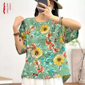 Summer Thin Loose Print Top T-shirt with Short Sleeves Butterfly flower Green One size