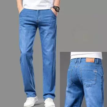 Summer Thin Men s Straight Jeans Classic Black Blue Stretch Casual Business Baggy Denim Pants Male Trousers 40 светло-синий