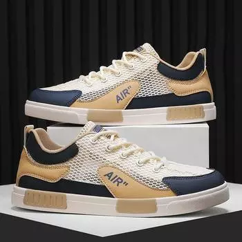 Summer thin mesh men s breathable hollow trend sports shoes, fashionable and versatile casual shoes Men s Vulcanize Shoes 39 бежевый