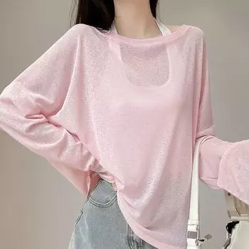 Summer Thin Outer Match Long Sleeves T-Shirt Women s K-style Loose and Lazy Style round Neck Pullover Knitting Sun Protective Blouse Tops Sakura Powder XL