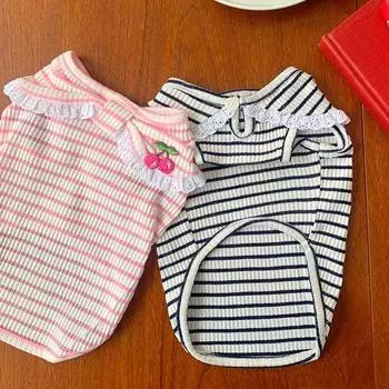 Summer Thin Pet Stripe Tank Top Teddy Cat Cute Cherry Bears Schnauzer Small Dog Clothes Summer Dog Vest Puppy Clothes XS