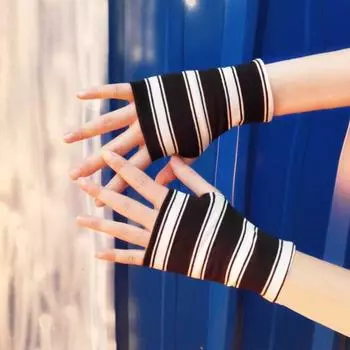 Summer Thin Pure Cotton Half Finger Gloves Scar Cover up Tattoo Men s Fitness Half Missing Finger Female Driving Sun Protection Student Open Finger U84-CM Black Wide Stripe Short Gloves All yards