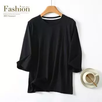 Summer Thin round Neck 3/4 Sleeves T-shirt Inner Wear Casual Tops Women s Pure Color Plus Size Loose Slim Looking Bottoming Shirt Black XL (50.00 kg-62.50 kg recommended