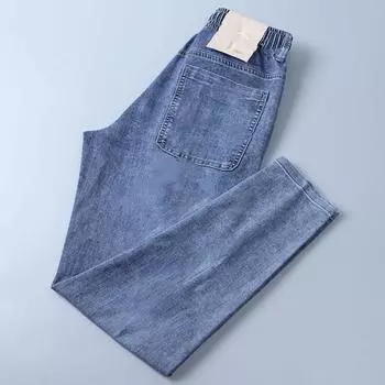 Summer Thin Stretch Elastic Men s Jeans with Drawstring Loose Casual Pants Versatile 29 светло-синий