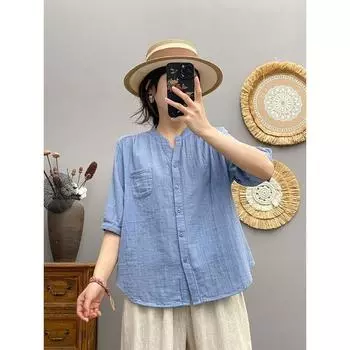 Summer Thin V-neck Loose Pure Cotton Double-Layer Cotton Yarn Short-Sleeved Shirt for Women Casual Slim-Fit Half-Length Sleeve Half Sleeve Shirt Light blue L 62.50 kg-72.50 kg