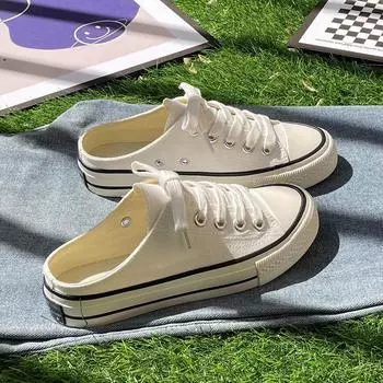 Летние тонкие белые туфли, универсальные базовые полутапочки с закрытым носком, женская верхняя одежда, дышащая, без каблука, ленивая парусиновая обувь 35 чёрный