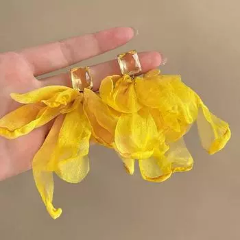 Summer Travel Vacation Style Yellow Chiffon Flower Earrings for Women Fancy Elegant Earrings Exaggerated Unique Earrings Temperament yellow