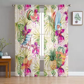 Летние тропические растения пальмовые листья арбуз пляжный стул окна тюль занавески гостиная отель роскошные украшения прозрачные занавески 135W x 114H(cm)