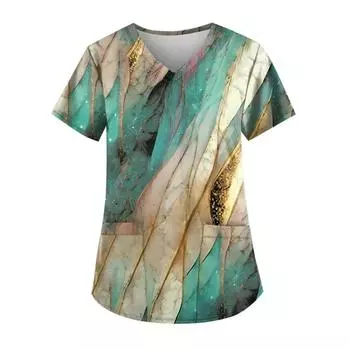 Summer V-neck 3D Gradient Printed Top Nurse Working Fashionable Casual Short Sleeved Women s T-shirts S