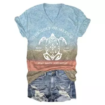 Summer V-neck 3D Gradient Turtle Letters Printed Top Fashionable Casual Short Sleeved Women s T-shirts S