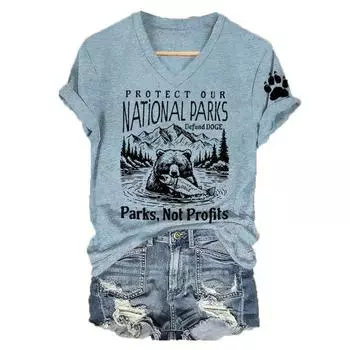 Summer V-neck 3D Letter Bear Printed Top Fashionable Casual Short Sleeved Women s T-shirts S