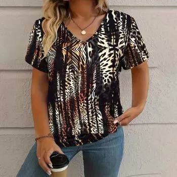 Summer V-neck 3D Printed Top Fashionable Casual Short Sleeved Women s T-shirt S
