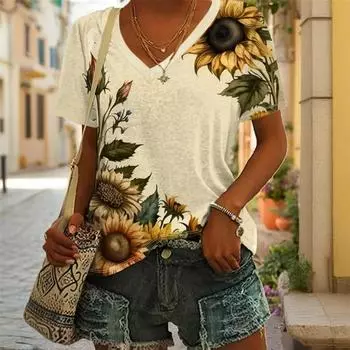 Summer V-neck 3D Sunflower Printed Top Fashionable Casual Short Sleeved Women s T-shirts S