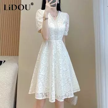Summer V-neck Elegant Fashion Beading Waist A-line Lace Dress Women Temperament Short Sleeve Vintage Casual Robe White Vestidos L белый