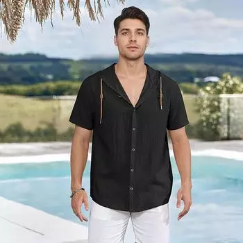 Summer Vacation Men s Shirt Cotton Linen Hooded Tops Breathable Lightweight Beach Style Male Single Breasted Claasic Shirts S