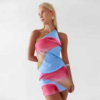 Летний отпуск принтованный тонкий женский костюм модный открытый спина ажурный шнуровка пляжный наряд сексуальный асимметричный топ с мини-юбкой комплект S королевский синий