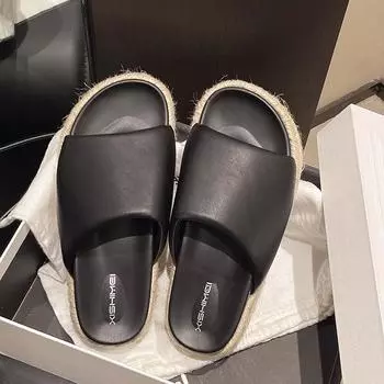 Summer vacation style straw woven thick bottom slope heel round head one and a half word drag versatile outside wearing open toe cool slippers women 35